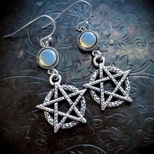 Moonstone Pentagram Earrings, wiccan jewelry, pagan earrings, witch jewelry, Gothic Earrings