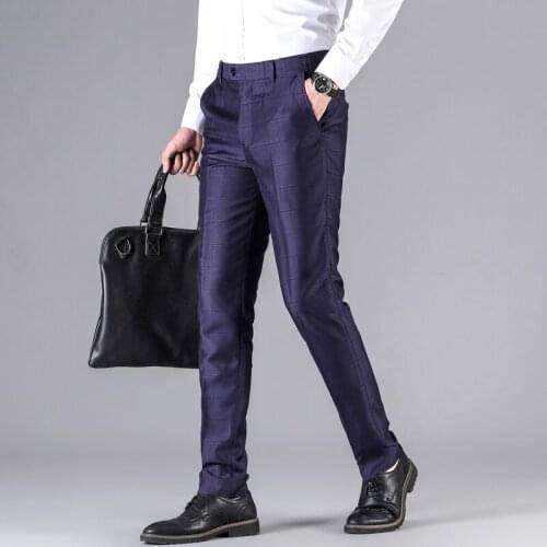 Mens Classic-fit Wrinkle-Resistant Flat-Front Chino Pant 2021spring New Mens Business Plaid Suit Pants Elastic Waist Trousers