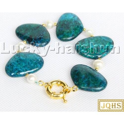 Natural 8" 30mm Oval Block-shaped Azurite Chrysocolla White Pearl Bracelet C208