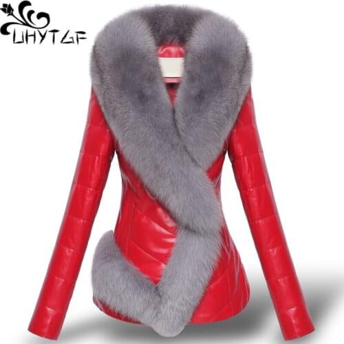 UHYTGF New leather down jacket thick coat female imitation fox fur Slim warm short tops quality PU leather winter coat women 932