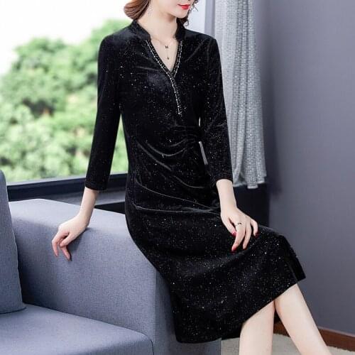 Autumn Elegant Black Gold Velvet Sequins Vestidos 2021 Spring 5XL Plus Size Vintage Solid Midi Dress Bodycon Women Party Dresses