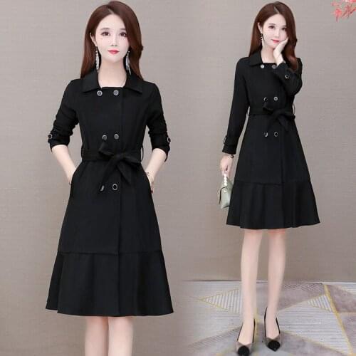 Oversize4XL Cardigan Windbreaker Jacket Women Fall 2021 New Mid-Length Casual Black Trench Coat Female Overcoa Long-Sleeved Tops