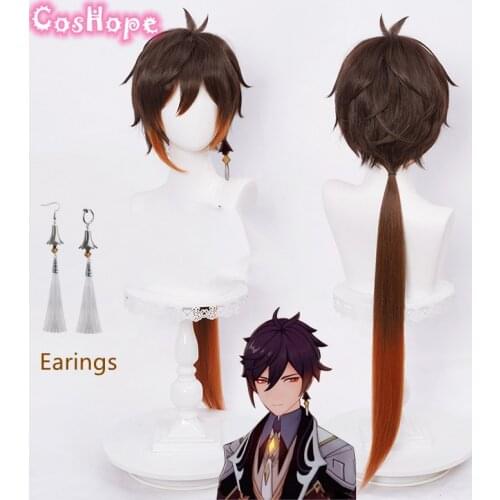 Genshin Impact Zhongli Cosplay 90cm Long Christmas Brown Orange Wig Cosplay Anime Wigs Heat Resistant Synthetic Wigs Halloween