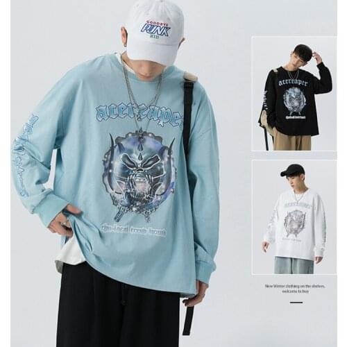 Oversized Cotton T-Shirt Demon Printed Full Sleeve T-Shirts Men O-neck Loose Tees Fashion Street Plus Size Tops Male Clothing