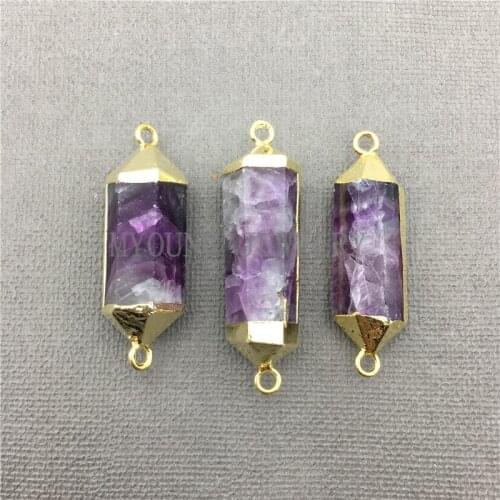 MY0618 Purple Fluorite Pillar Point Connector Double Terminated Gold Bail,Natural Fluorspar Druzy Stone Charm Necklace Pendant