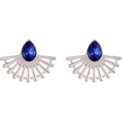 Hollow Fan-Shaped Blue Drop-Shaped Faceted Crystal Silver Plated Golden Stud Earrings For Women