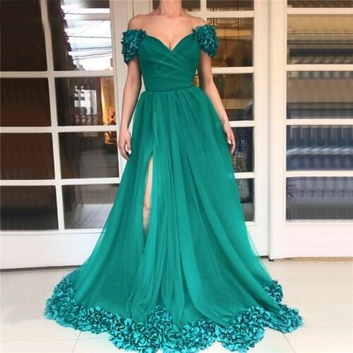 Sexy Off The Shoulder Evening Dresses 2020 Short Sleeves Tulle A-Line Formal Dress Front Slit Prom Evening Gowns