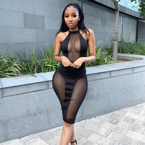 Mesh See Through Corset Transparent Clubwear Sleeveless Women Bandage Party y2k Midi Dress Summer Fashion Clothes Black Dresses