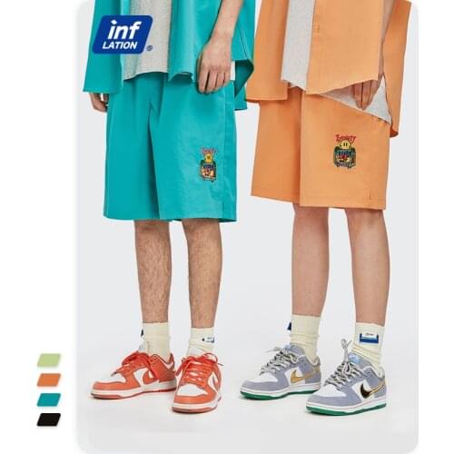 INFLATION Candy Color Shorts Men Women Harajuku Cartoon Embroidery Shorts Men Elastic Waist Casual Shorts Couple 3637S21