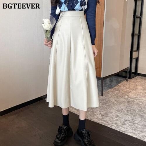 BGTEEVER Elegant High Waist Women PU Leather Midi Skirts Autumn Stylish Loose Female A-line Skirts Ladies Faux Leather Skirts