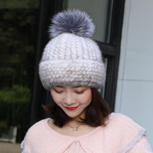 Womens Knitted Mink Hat 2021 Womens Fur Hats New Fashion Suede Hat Fox Fur Ball Women Winter Headgear Cap Ski Cap