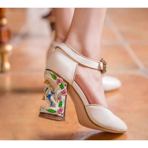 Girls White Genuine Leather 3D Multi color Printed Litter Angle Chunky Heels Pumps Woman Crystal Buckle Strap Wedding Shoes