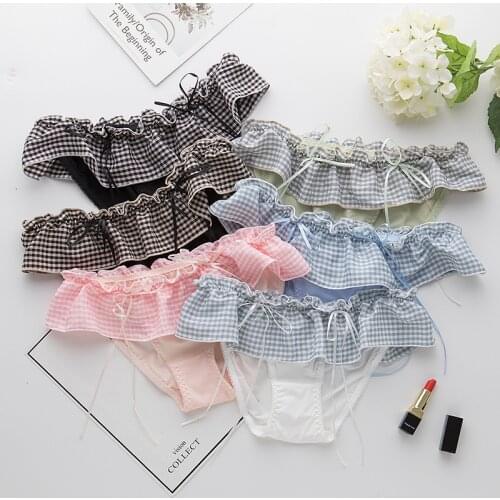 Kawaii Womens Panties Seamless Plaid Soft Ice Silk Comfort Underwear Japanes Soft Breathable Low-Mid Bows Briefs Girl