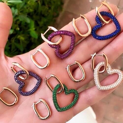 Gold color micro pave sparking bling cz heart charm Chic Trendy women dangle drop earring