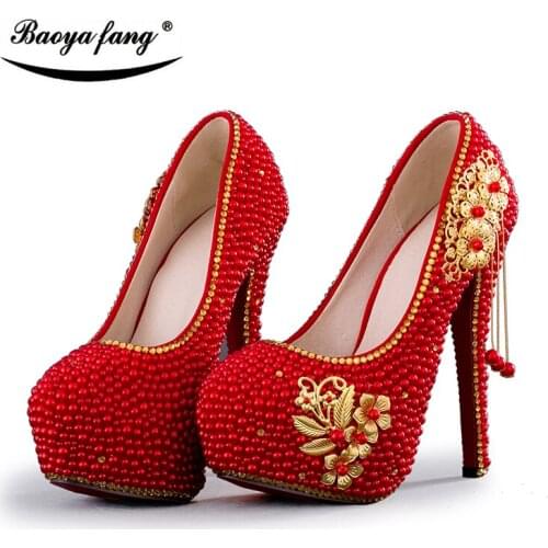 BaoYaFang red beads Tassel women wedding shoes Bride 8cm/11cm/14cm platform shoes high shoes ladies big size Pumps woman shoes