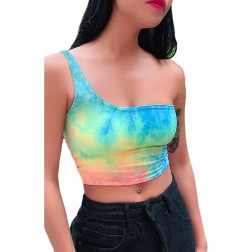 Women Camisole One-Shoulder Tops Sexy Tie-dye Tube Top Waist Suspender Vest Exposed Navel Casual Top Summer