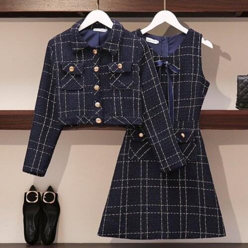S-4XL Autumn Winter Plaid Tweed 2 Piece Set Women Bowknot Pocket Short Jacket + Woolen Sleeveless Dress Suit Female 2 Piece Set