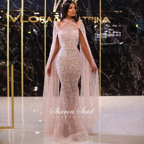 Baby Pink Mermaid Feathers Prom Dresses with Cape Sleeve Luxury Dubai Gold Sequin Evening Dress Women Wedding Party Night Gowns