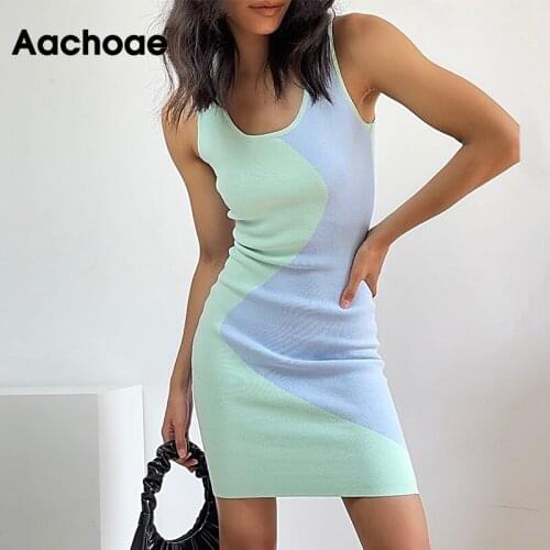 Aachoae Chic Women Patchwork Knitted Bodycon Dress Sleeveless Bow Tie Stylish Mini Dresses Wear On Both Side Summer Sundress