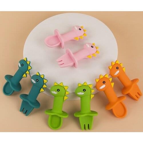 2Pcs/Set Baby Learn Spoon Fork Set Short Easy Spoon Cartoon Dinosaur Silicone Teether Toys Anti-slip Feeding Training Utensils