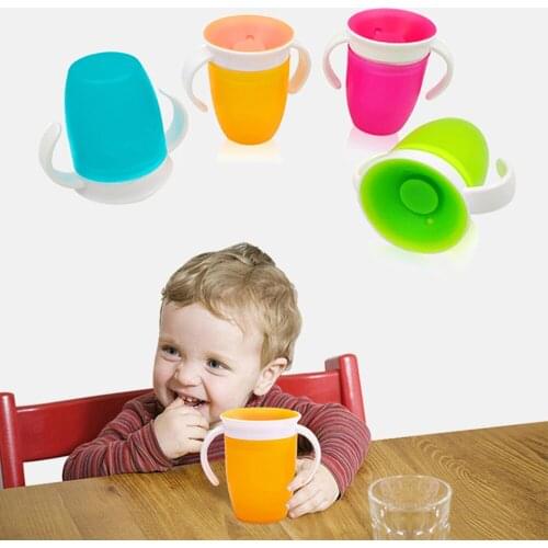 360 Degrees Leakproof Magic Kids Water Feeding Bottle Rotated Baby Learning Drinking plastic Cup with Double Handle Flip Lid