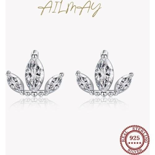 Ailmay Authentic 925 Sterling Silver Crown Geometry Rhombic Simple Earring Sparkling Zircon For Women Wedding Engagement Jewelry