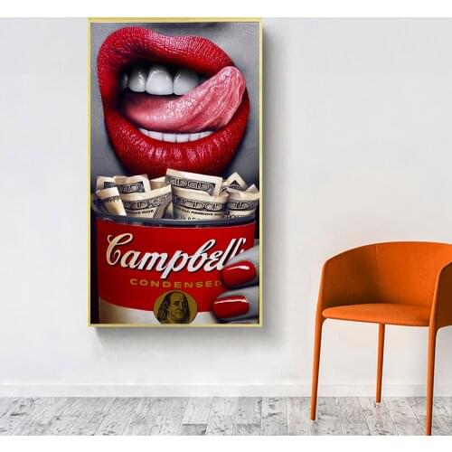 WANGART Quote Poster Red Lip Woman eat Money Print Wall Oil Painting Canvas Picture Living Room Bar Office Home Decoration