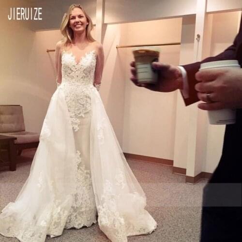 JIERUIZE Elegant Tulle Mermaid Wedding Dresses O Neck Long Sleeves Lace Appliques Backless With Detachable Train Robe De Mariee
