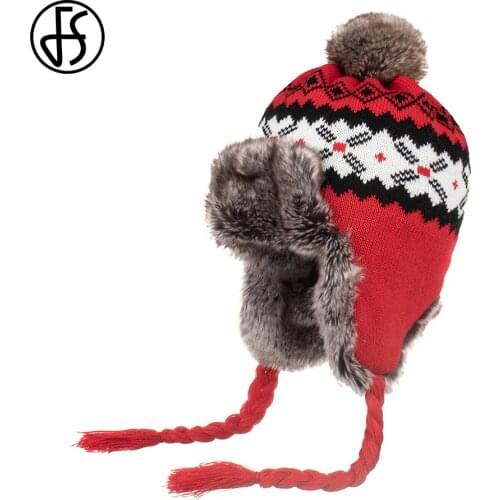 FS Winter Snow Bomber Hats For Women Men Outdoor Warm Russian Hat With Fur Pompom Red Windproof Woolen Earflap Trapper Cap