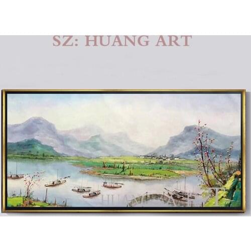The boat peach blossom Spring scenery Hand Painted Pictures On Canvas Mountain Landscape For Living Room Paintings CorOriginal