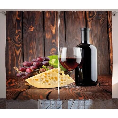 Wine Kitchen Curtains Red Wine Cabernet Bottle and Glass Cheese and Grapes on Wood Planks Print Window Decor Panel Set