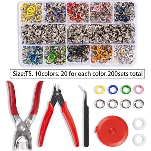 Snap Fasteners Plier Tool + 100/200 Set 10 Color Metal Sewing Buttons Hollow&Solid Metal Prong Snaps Buttons for Clothes or Bags