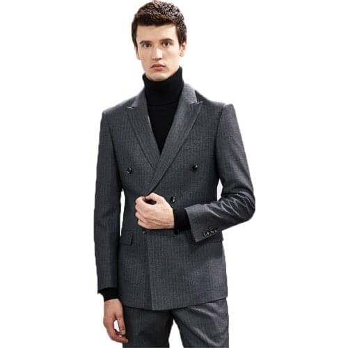 2020 Newest Winter Dark Grey Double Breasted 2 Pieces Mens Suit Slim Striped Clothes For Groom Wedding Best Man(Jacket+Pants)