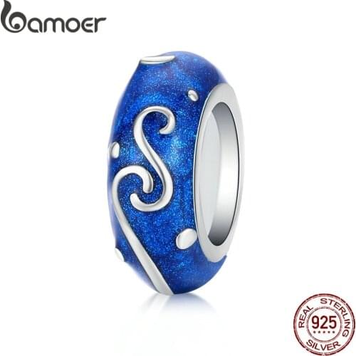 Bamoer 925 Sterling Silver Starry Sky Night Blue Enamel Stopper Charm with Silicone for Luxury Brand Bracelet & Bangle SCC1388