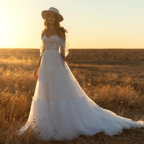 Popular Country Tulle Wedding Dresses for Women Off the Shoulder A Line Floor Length Hippie Bridal Gown