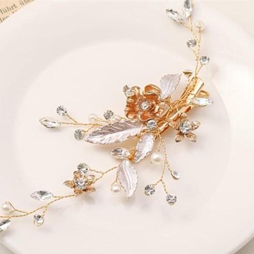 Bridal Wedding Hair Accessories Crystal Pearls Hairpins Flower Leaf Side Clips Headbands for Women Bride Noiva Jewelry FORSEVEN