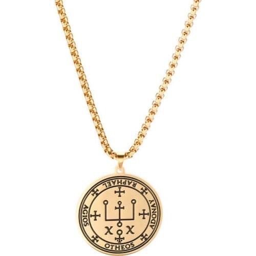 Religious Talisman Fashion Jewelry Stainless Steel Gold Colour Sigil of Raphael Angelic Pendant Viking Amulet Men Women Necklace