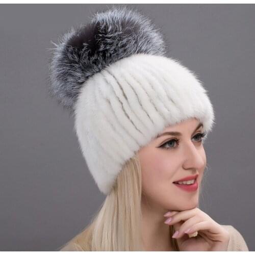 Leather Mink Fur Hat Fashion Female Autumn and Winter Knitted Mink Fur Hoodies With Silver Fox Fur Fashion Brand Hat DHY 17-04