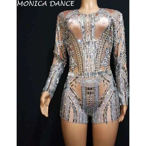 Sexy Silver Rhinestones Long Sleeve Bodysuit DJ Singer Dancer Nightclub Elastic Stage Wear Nightclub Costume Crystals Jumpsuit