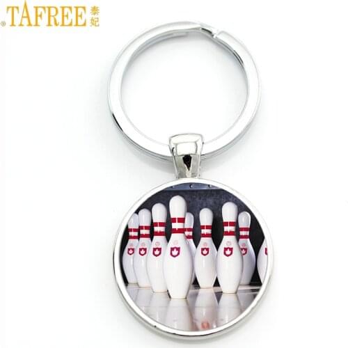 TAFREE exquisite popular bowling ball art picture glass gem keychain casual sports style men women key chain ring jewelry SP881