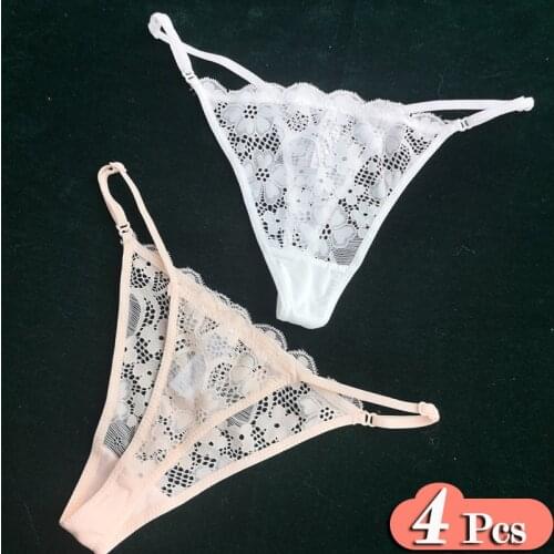 4Pcs/Lot Simple Floral Embroidered Lace Sexy Womens Underpants Transparent Sex String Out Panties Thong Seamless Briefs Set