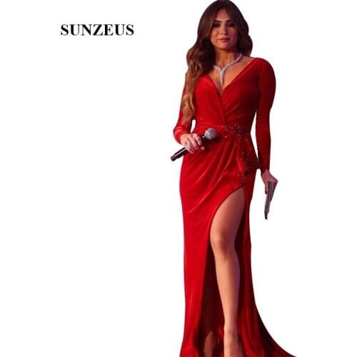 Red Velvet Formal Gowns Straight V-neck Long Sleeves Evening Dresses With Side Slit Arabic Women Long Party Gown