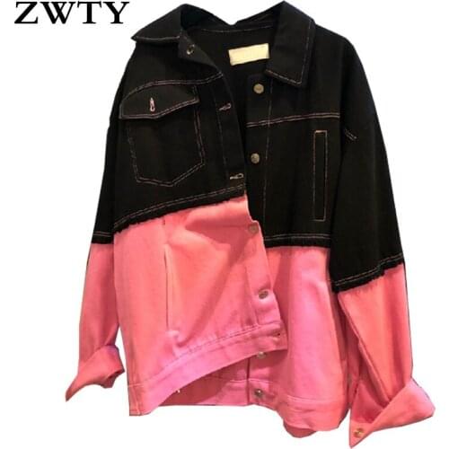 ZWTY Spring New Product All-match Color Contrast Stitching Raw edge Lapel Loose Thin Denim Jacket Female