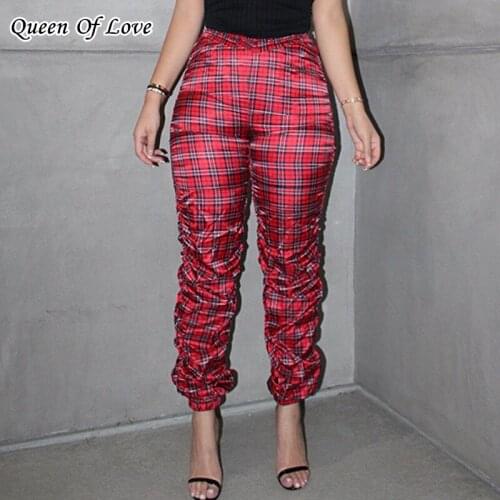 Stacked Pants Women 2021 New Fashion Elegant Plaid High Waist Pleated Casual Streetwear Sweatpants Trousers Bloomers Pant Y2K