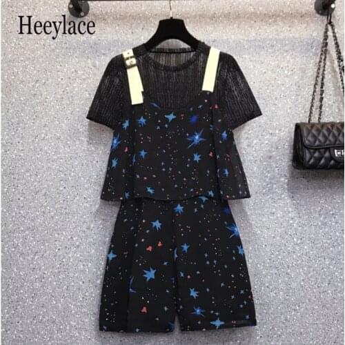 Plus size women Summer korean casual two piece set for women mesh top and ruffles print playsuit suits female overalls 4XL suits