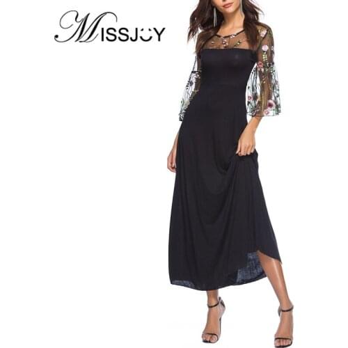 MISSJOY Embroidery Flare Sleeves Plus Size Casual Dress Women Elegant Party Patchwork O-Neck 2019 New Autumn Long Femme Clothing
