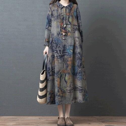 Retro Chinese Style Printed Robe Vintage Femme Women Autumn Winter Dress 2020 Vintage Long Loose Cotton Linen Dresses 11842