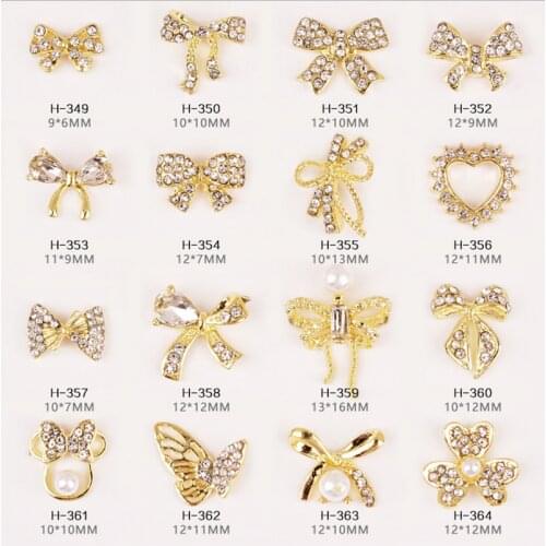 10PCS, Nail Art Rhinestones Pearls Jewelry Bows Butterflys Flowers With Gold Alloy For Nail Tips Decorations