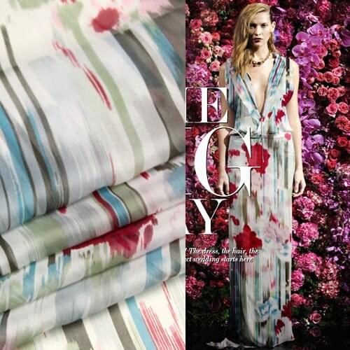 135cm wide 6mm green blue color print silk chiffon fabric for dress shirt clothes