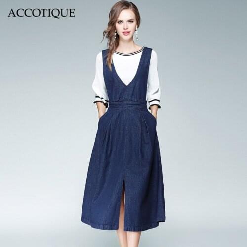 Free Shipping New Autumn Womens Fashion Solid Slash Neck Slim White Knitted Sweater + Denim Dress 2Pieces Sets Conjunto Feminino